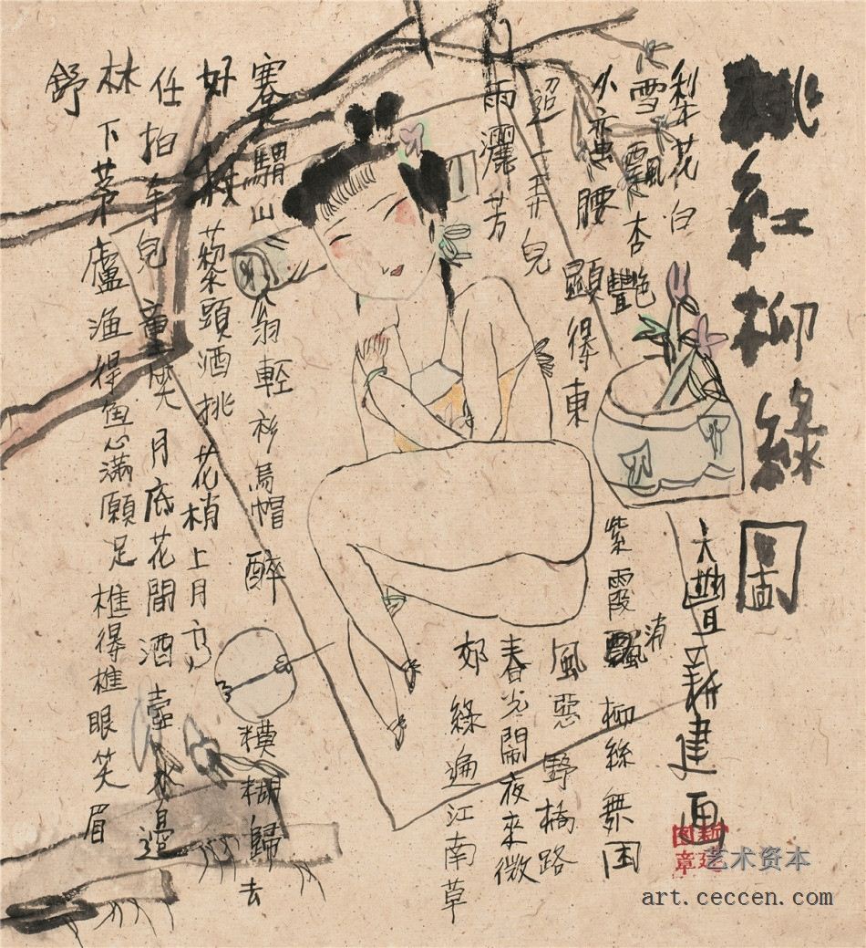 朱新建 桃红柳绿图 设色纸本 镜心 36×33cm